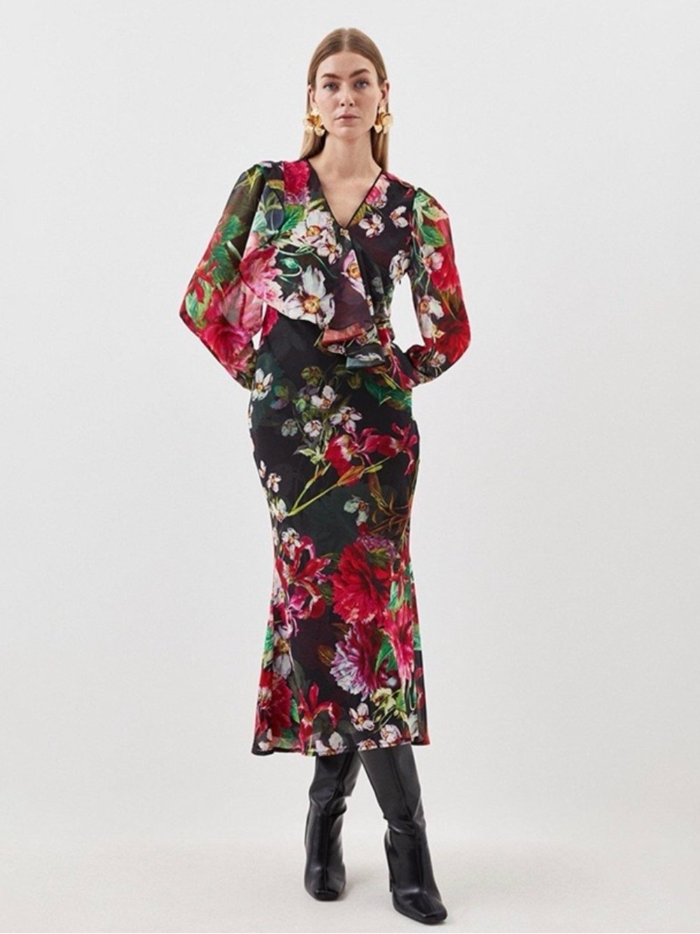 Karen Millen Black Floral Midi Dress with Red and Pink Blooms
